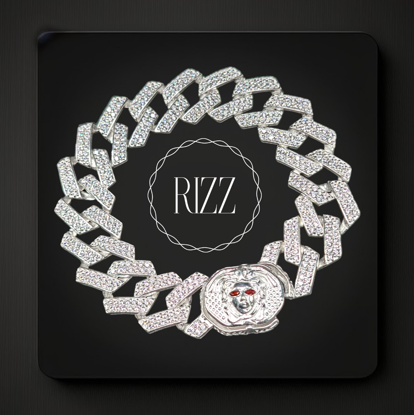 Red Eye Diamond-Studded Cuban Silver Bracelet