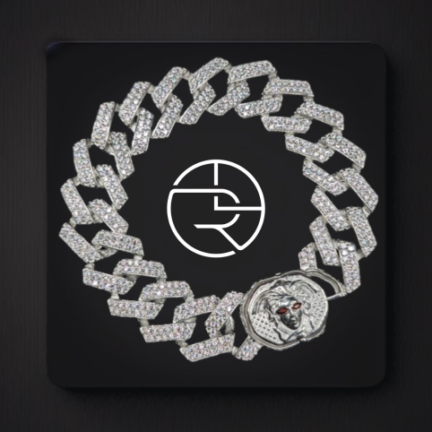 Red Eye Diamond-Studded Cuban Silver Bracelet
