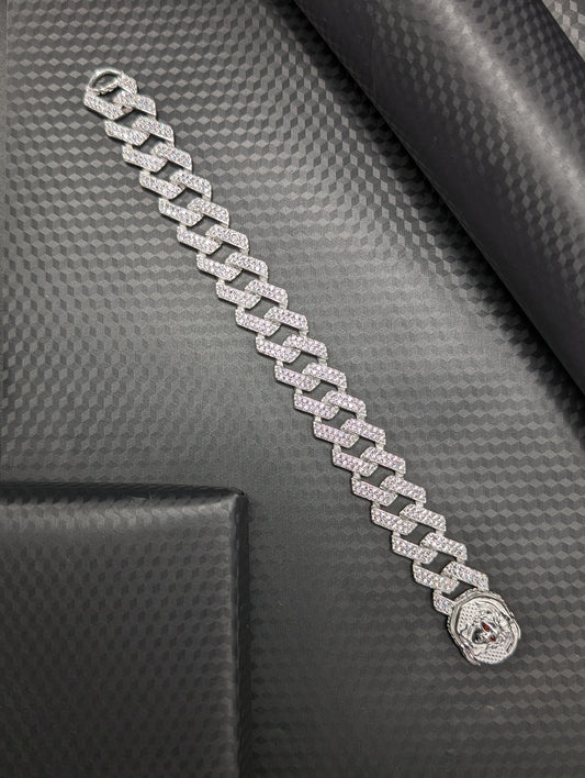 Red Eye Diamond-Studded Cuban Silver Bracelet