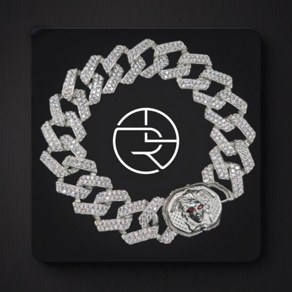 Red Eye Diamond-Studded Cuban Silver Bracelet