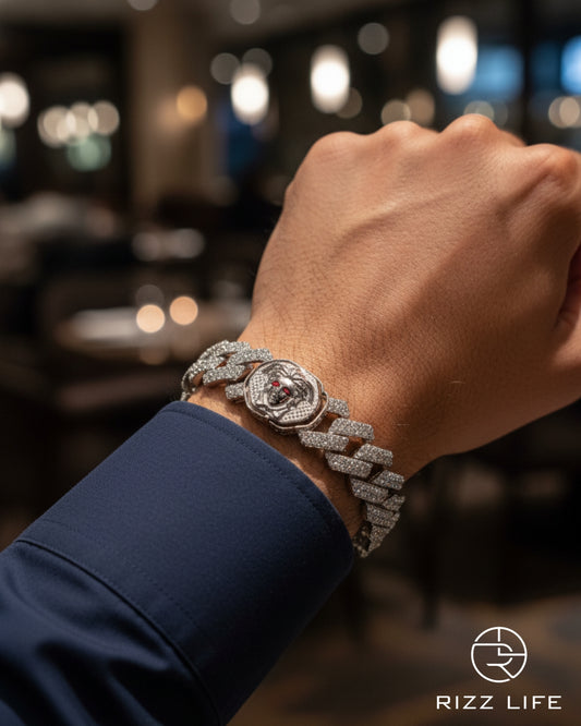 Red Eye Diamond-Studded Cuban Silver Bracelet