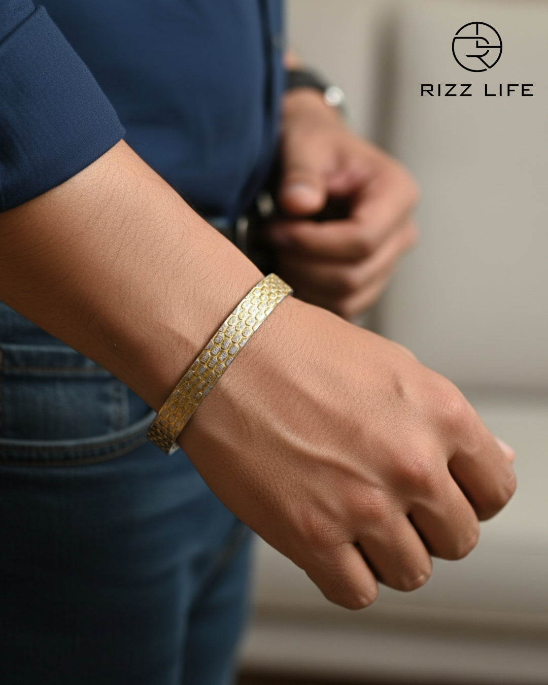 Gold Honey Comb Silver Kada For Men