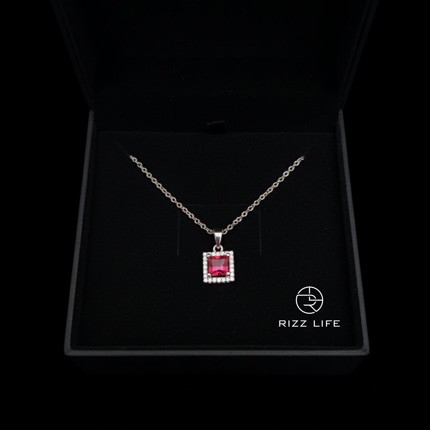 Ruby Radiance Square White Gold Plated Chain Pendant
