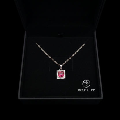 Ruby Radiance Square White Gold Plated Chain Pendant
