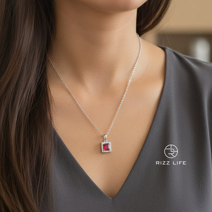 Ruby Radiance Square White Gold Plated Chain Pendant