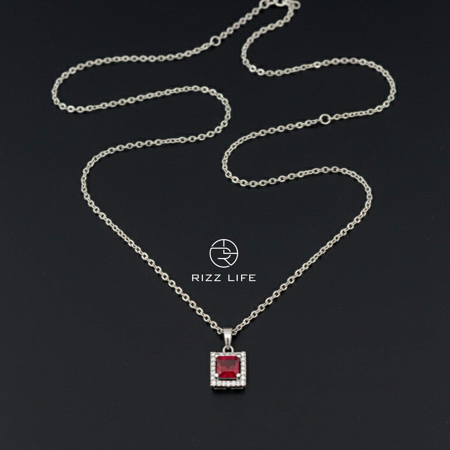 Ruby Radiance Square White Gold Plated Chain Pendant
