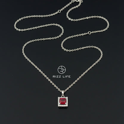 Ruby Radiance Square White Gold Plated Chain Pendant