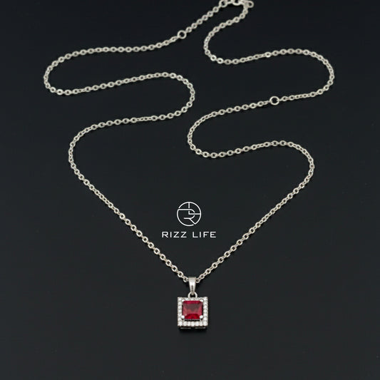 Ruby Radiance Square White Gold Plated Chain Pendant