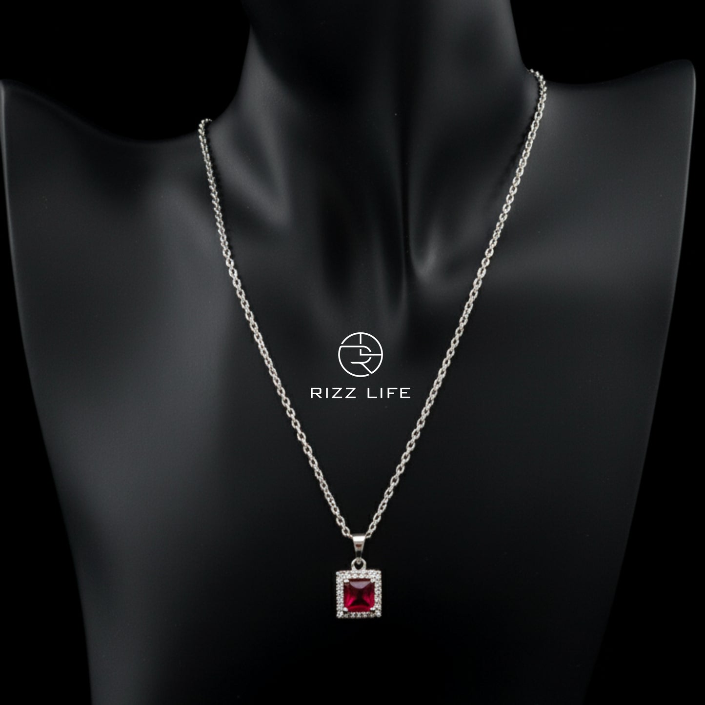 Ruby Radiance Square White Gold Plated Chain Pendant