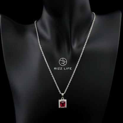 Ruby Radiance Square White Gold Plated Chain Pendant